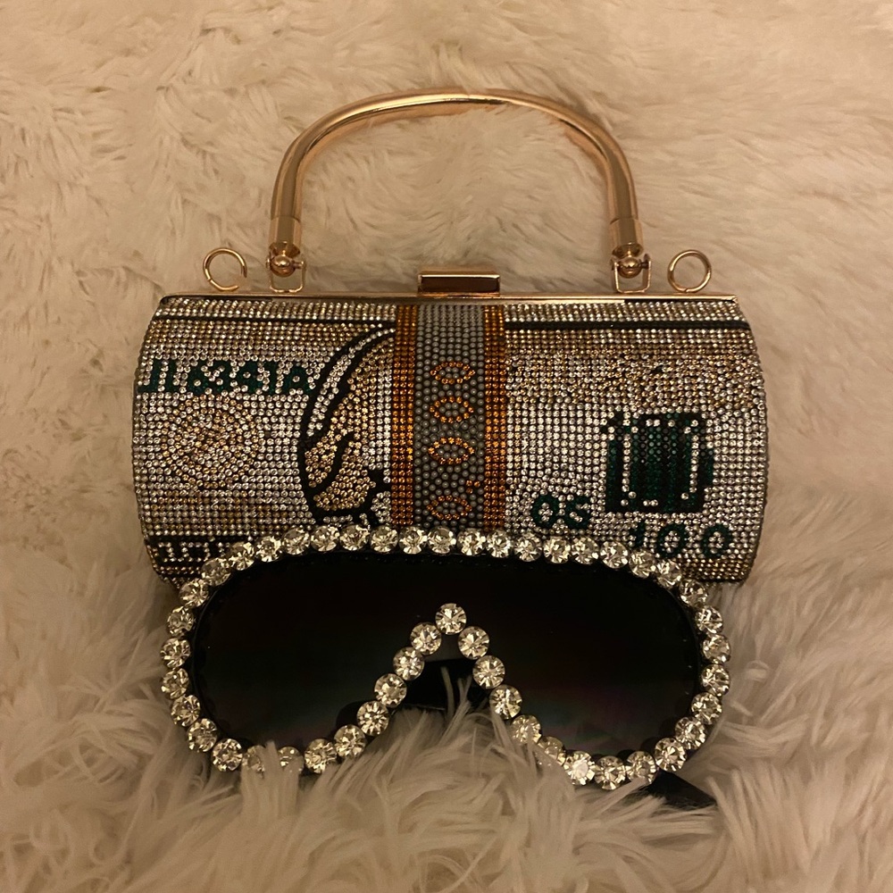 Rhinestone 10k Handbag & Crystal Sunglasses Set - Silver & Gold Accents